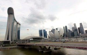 Base jumpers leap from Marina Bay Sands Skypark